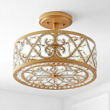 Leila 13.25" Iron/Crystal Modern Glam LED Flush Mount - JONATHAN Y